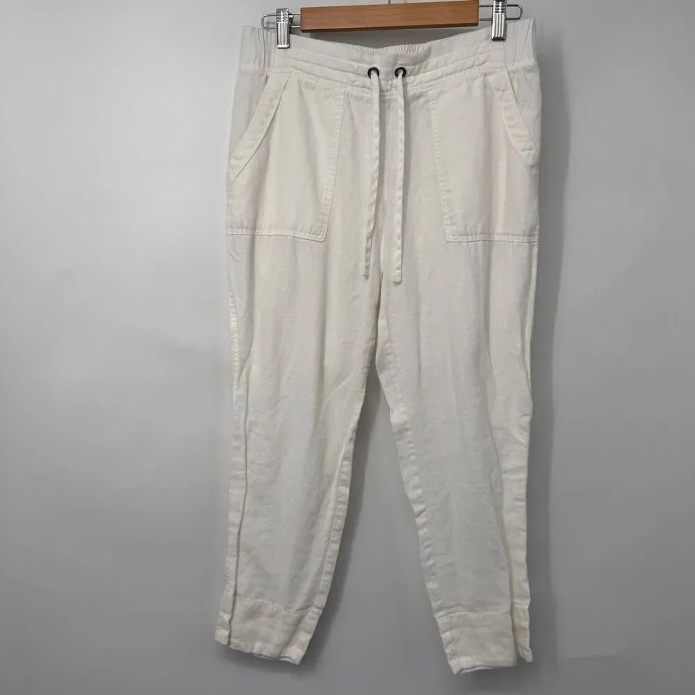 Athleta White Linen Drawstring Pull-On Relaxed Fit Cropped Ankle Pants Size 8